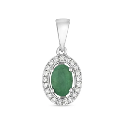 Diamond and Emerald Halo Pendant Oval 9ct White Gold